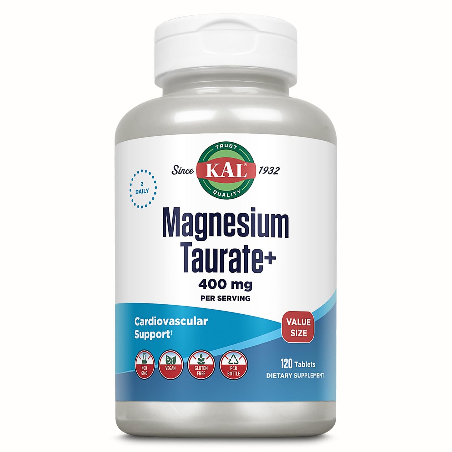 KAL Magnesium Taurate 400mg Plus Vitamin B6, Chelated Magnesium Supplement, High Absorption Magnesium Complex, Muscle and Heart Health Support, Vegan, Gluten Free, 60-Day Guarantee, 60 Serv, 120 Tabs