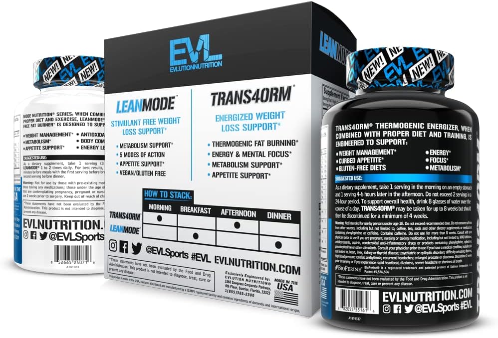 EVL Weight Loss Support Stack - Trans4orm Thermogenic Fat Burner & Metabolism Support Pills with Green Coffee Bean Extract and Forskolin Plus LeanMode Non-Stimulant