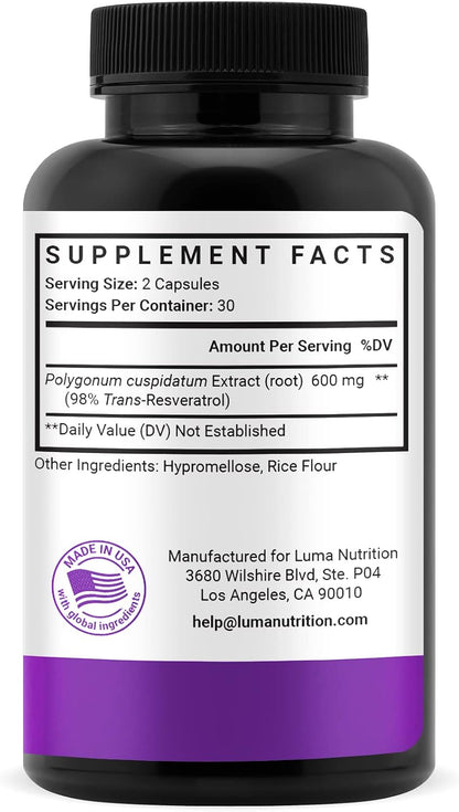 Luma Nutrition Pure Resveratrol Supplement - Antioxidant - 60 Capsules