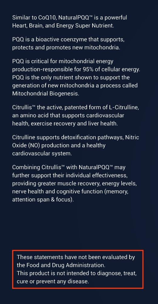 NaturalPQQ - Mitochondrial Energy Nitric Oxide Booster - Citrullis for Extended Energy. 20mg (Pyrroloquinoline Quinone)