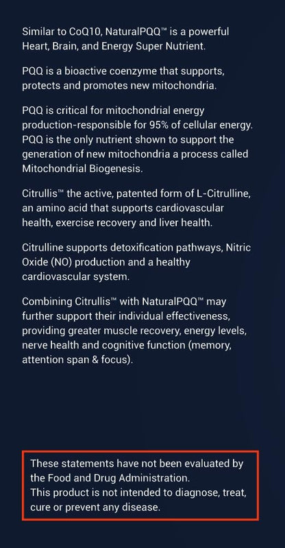 NaturalPQQ - Mitochondrial Energy Nitric Oxide Booster - Citrullis for Extended Energy. 20mg (Pyrroloquinoline Quinone)