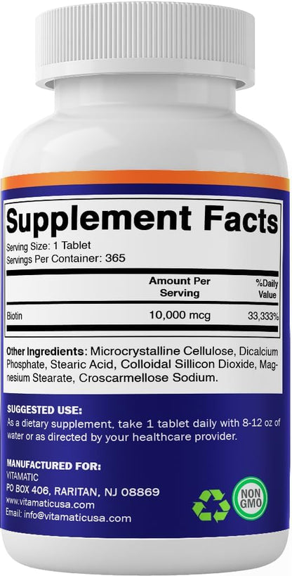 Vitamatic Biotin 10,000 mcg (10 mg) for Stronger Hair, Skin & Nails - 365 Vegan Tablets- Also Called Vitamin B7