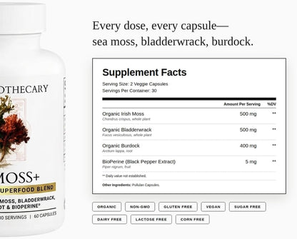 Organic Seamoss+ - Irish Moss 500mg, Bladderwrack 500mg, Burdock Root 400mg with BioPerine - Non-GMO, Made in USA - 60 Capsules (30-Day Supply)