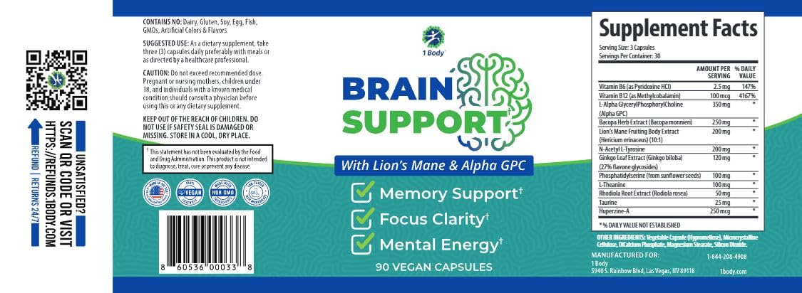 1 Body Brain Support - Bacopa Monnieri, Lion’s Mane for Memory & Focus