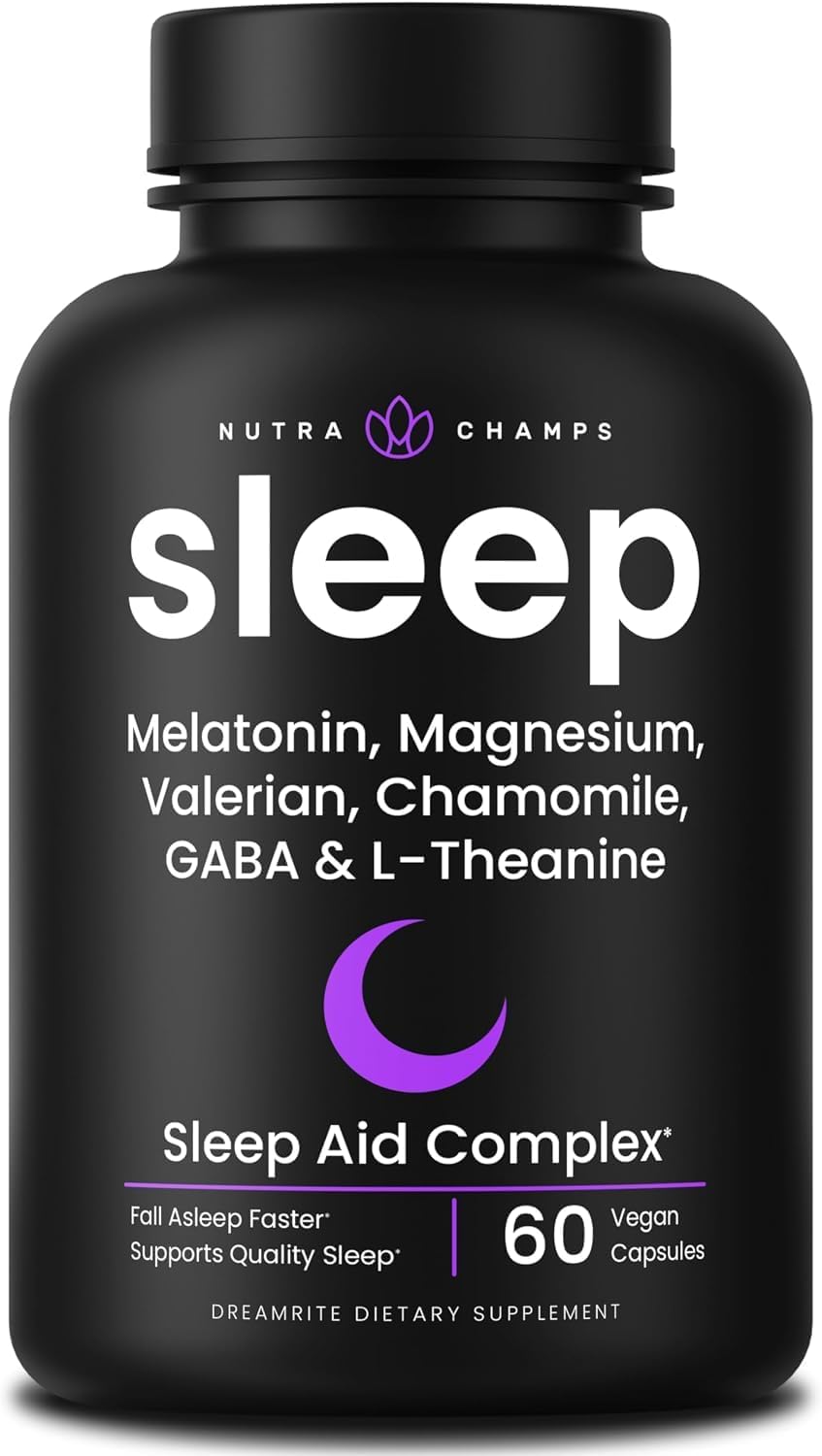 NutraChamps 10-in-1 Natural Sleep Aids for Adults - Melatonin, Lemon Balm, Chamomile, Valerian Root, L Theanine, L Tryptophan, GABA, Magnesium Sleep Aid