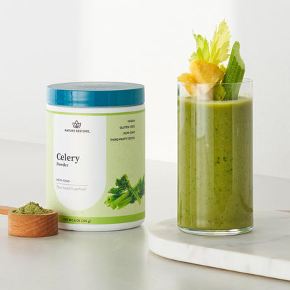 Nature Restore Organic Whole Celery Powder (8 oz). Entire Stalk with Digestive Fiber for Bloating Support, Gut Health & Hydration. Shelf-Stable No-Juicer-Needed Morning Greens Tonic, 37 Servings