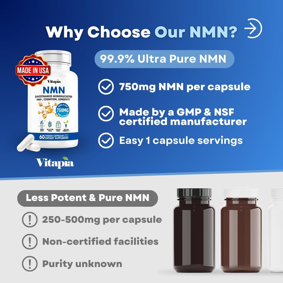 NMN 750mg Per Capsule - 99% Pure Nicotinamide Mononucleotide - Increased NAD+, Mitochondrial Function, Healthy Aging, Brain Health & Energy Support - 60 Capsules, Non GMO, Gluten Free Supplement
