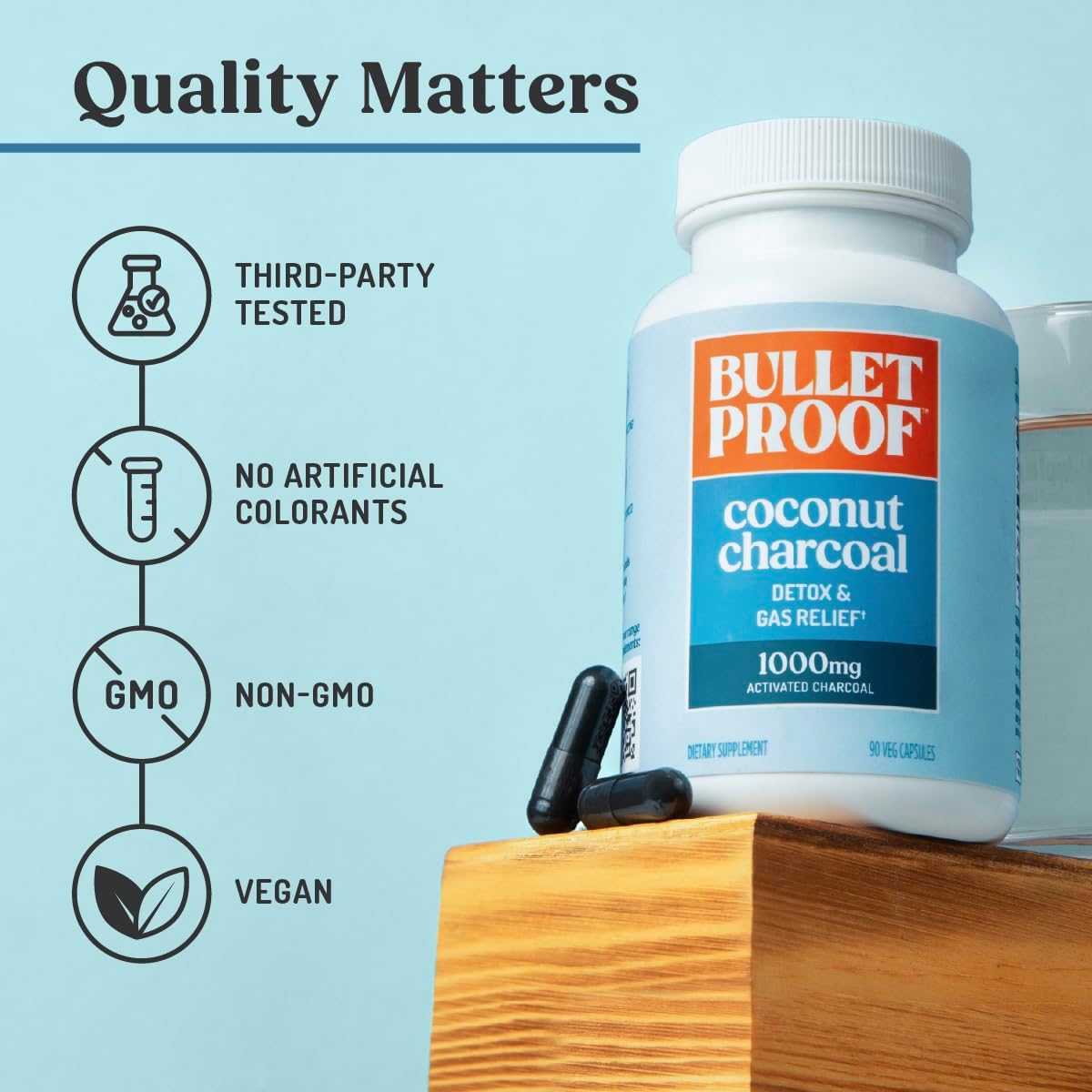 Bulletproof Coconut Charcoal Detox and Gas Relief Capsules, 90 Count, Sourced from 100% Coconut Shells, Activated Charcoal for Bloating Support
