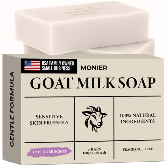 MONIER Goat Milk Soap Bar For Dry & Sensitive Skin - 100% Natural & Organic | Skin Care, Enriched With Shea Butter, Use On Face, Body & Hands, For Men, Women, Kids & Baby (Lavender, 3 Pack)