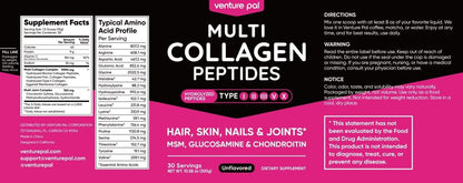 Multi Collagen Powder Type I II III V X, Hydrolyzed Collagen Peptides | With MSM, Glucosamine Chondroitin, Hyaluronic Acid & Vitamin C to Support Skin, Hair, Nails & Joint Health, Unflavored
