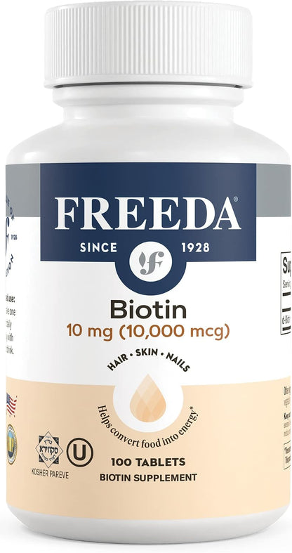 FREEDA Biotin 10,000 mcg Supplement - Tiny Tabs for Hair, Skin & Nails | High-Potency Biotin Supplement with 10,000 mcg to Support Healthy Hair, Skin, and Nails - Easy-To-Swallow Tiny Tablets