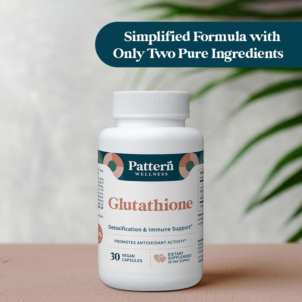 Pattern Wellness Glutathione Supplement - Active Reduced Glutathione Formula with Added Vitamin C - Cell, Antioxidant, + Immune Health Support - 30 Vegan Capsules