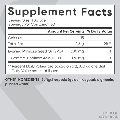 Sports Research Evening Primrose Supplement from Cold Pressed Oil - Softgels for Women’s Health & Skin Health - Gluten Free & Non-GMO GLA - High Potency 1300mg, 120 Count