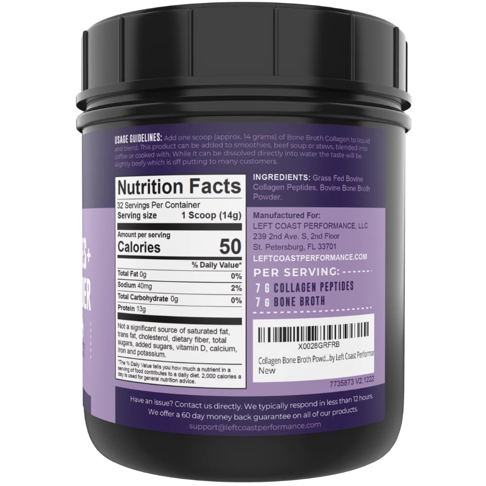 Left Coast Performance Collagen Bone Broth Powder 2lb, Bone Broth with Grass Fed Collagen Peptides. Unflavoured, Grass Fed, Hydrolyzed Beef, Zero Carb, Dairy Free Protein Powder. 64 Servings