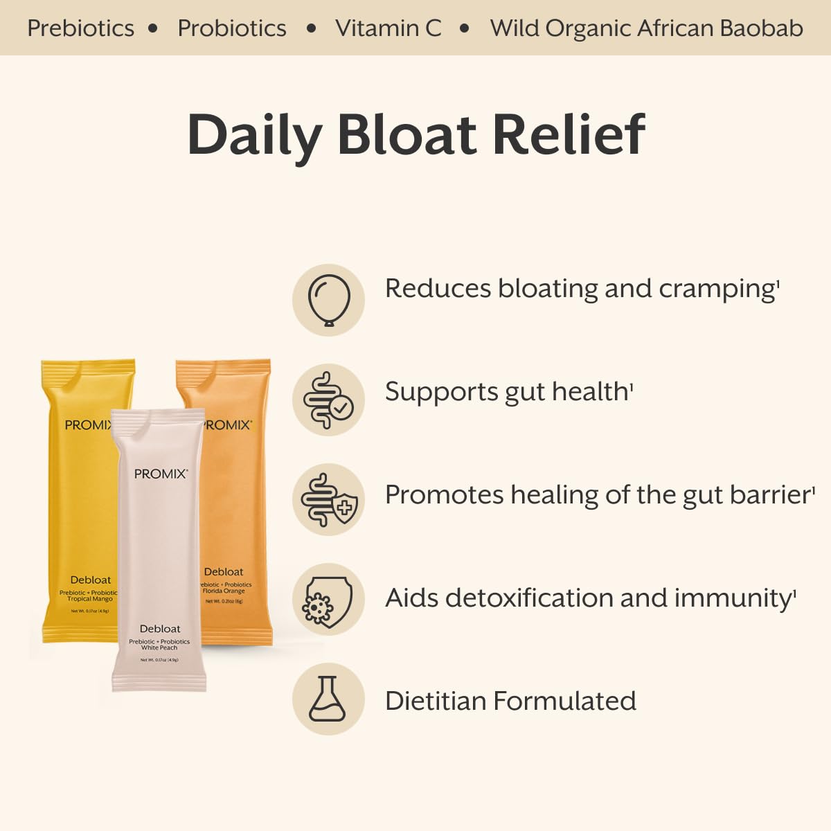 ProMix Nutrition Debloat Prebiotics and Probiotics with Baobab - Rich in Vitamin C, Bloating Relief, Immune Support - Orange - 30 Servings (Pack of 30)