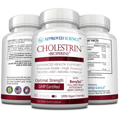 Approved Science Cholestrin - Lipid Level Support - Antioxidants, Lecithin, Berberine HCL, Berries, BioPerine - 60 Capsules - Pack of 3