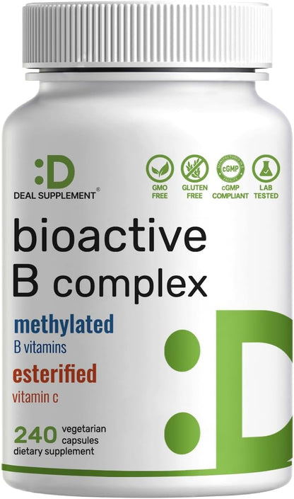 Bioactive Vitamin B Complex for Men & Women, 240 Veggie Capsules - Methylated B Complex & Esterified Vitamin C – High Potency & Easy Absorption – Immune, Energy & Metabolism Supplement – Non-GMO