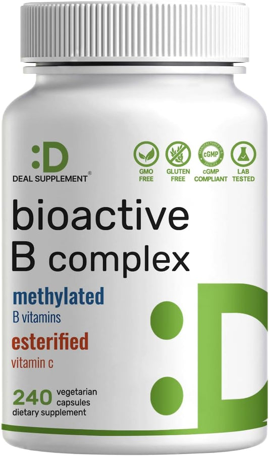 Bioactive Vitamin B Complex for Men & Women, 240 Veggie Capsules - Methylated B Complex & Esterified Vitamin C – High Potency & Easy Absorption – Immune, Energy & Metabolism Supplement – Non-GMO