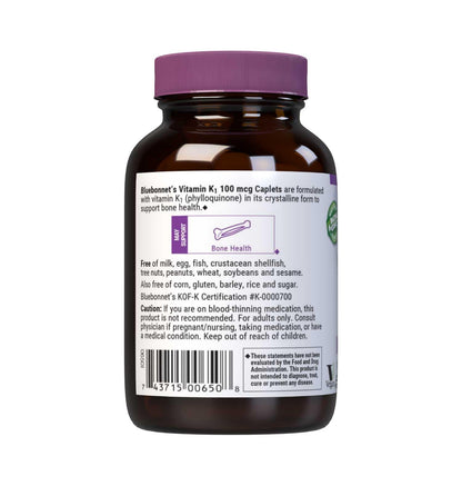 Bluebonnet Vitamin K1 100 mcg Supports Bone Health - Phylloquinone Crystalline Vitamin K Supplement - Non-GMO, Kosher Certified, Gluten-Free, Dairy-Free - 100 Vegan Caplets