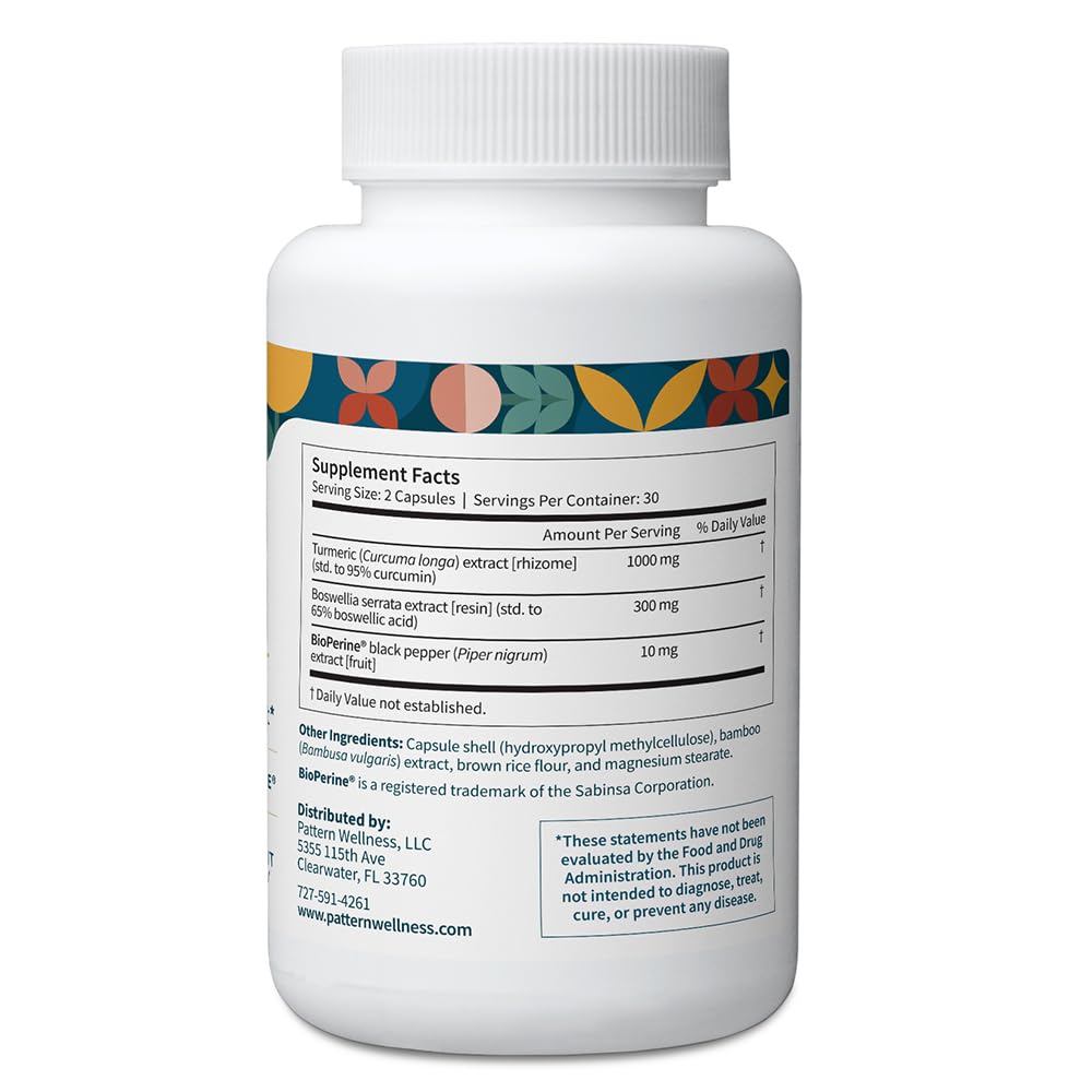 Pattern Wellness Turmeric Curcumin Supplement – 60 Capsules | 95% Curcuminoids with BioPerine® Black Pepper – Supports Joint, Cognitive & Immune Health – Non-GMO, Gluten Free