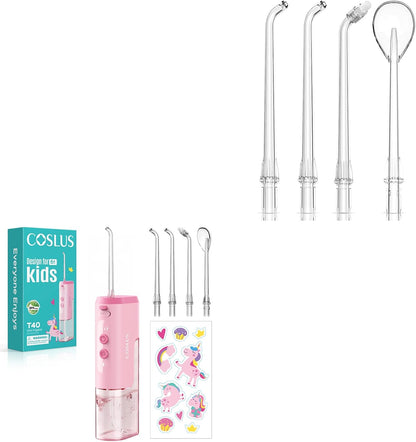 COSLUS Portable Water Flosser for Kids & 4 PCS Water Dental Flosser Tips Replacement Heads Jet Nozzles Only Compatible COSLUS T40