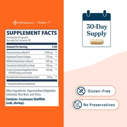 LifeSeasons Mobili-T - Joint Support Supplement - Reduces Aches & Discomforts - Increase Range of Motion - Rebuild Tissue & Cartilage - MSM Chondroitin Collagen Glucosamine & Turmeric - 120 Capsules
