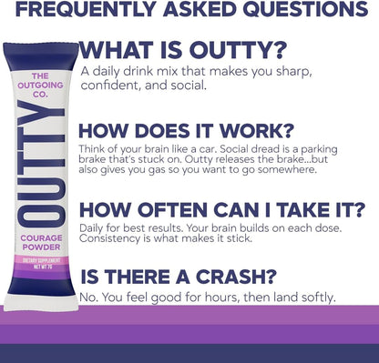 Outty Courage Powder Drink Mix, Acai Berry, 15 Pack | Taurine, L-Theanine, Mucuna Pruriens, GABA, Oroxylin A, zero sugar, caffeine-free, keto-friendly, and made in the USA.
