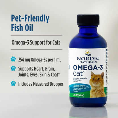 Nordic Naturals Omega-3 Fish Oil for Cats, w/EPA & DHA, Liquid - 2oz | 304mg Omega-3 per mL for healthy skin & coat. Reduces shedding, improves shine. Easy liquid format mixes with food. Non-GMO