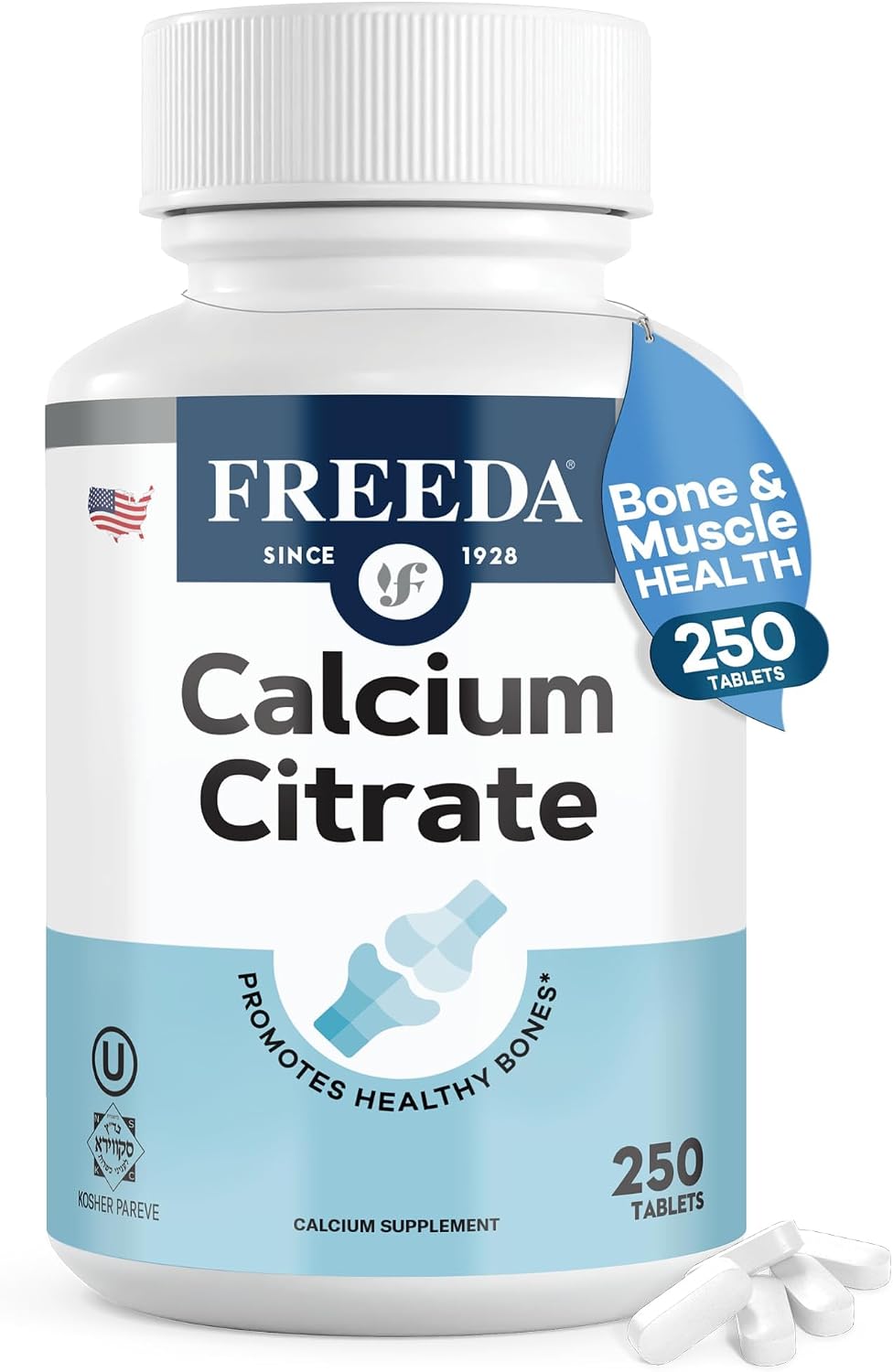 FREEDA Calcium Citrate 1000mg Supplement for Bone Support – 250 Tablets | Supports Bone Strength, Teeth, & Muscle Function – Highly Absorbable Calcium Formula – No Vit D, Vegan, Kosher, Made in USA