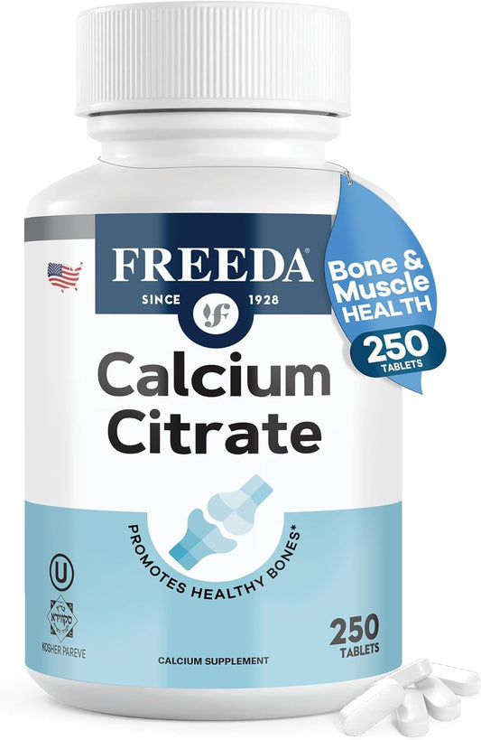 FREEDA Calcium Citrate 1000mg Supplement for Bone Support – 250 Tablets | Supports Bone Strength, Teeth, & Muscle Function – Highly Absorbable Calcium Formula – No Vit D, Vegan, Kosher, Made in USA