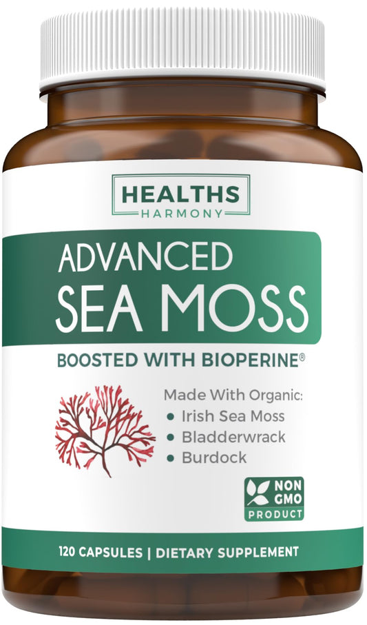 Organic Irish Sea Moss Capsules - Organic Sea Moss Capsules with Bladderwrack Burdock Root and Black Pepper Extract for Enhanced Absorption - Vegan Non-GMO & Made in the USA (1 Month Supply)