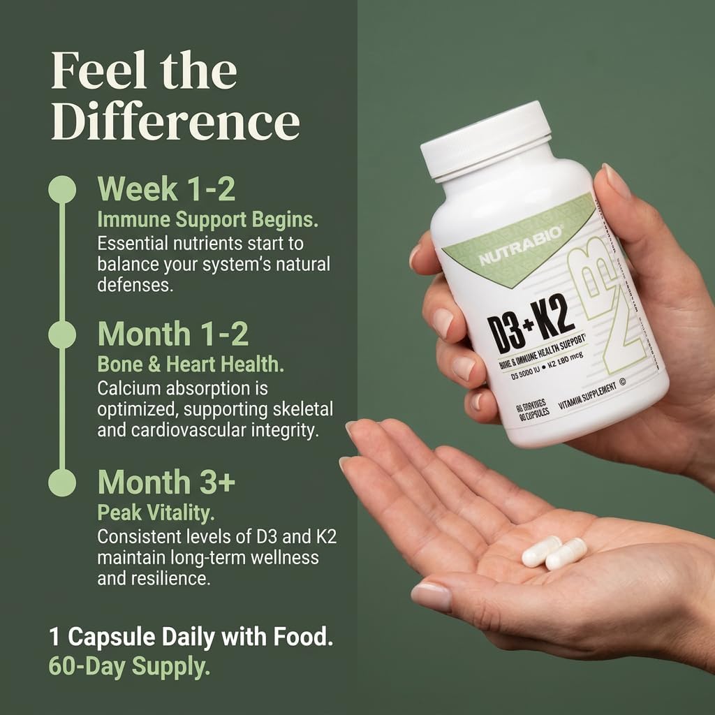 NutraBio Vitamin D3 K2 | 5000 IU D3 as Cholecalciferol with Vitamin K2 as MENA-Q MK7 (180mcg) | Support Bone and Heart Health | Non-GMO, Gluten Free, Lactose Free | 60 Vegetable Capsules