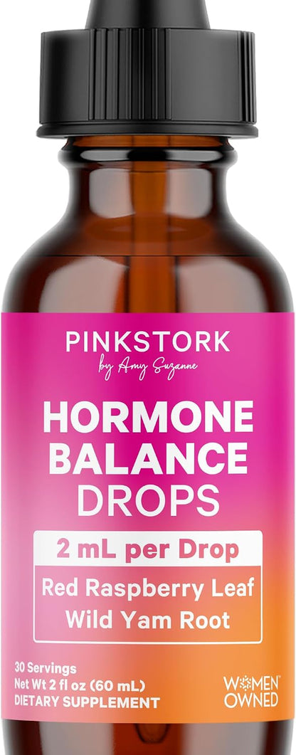 Pink Stork Hormone Balance Drops for Women - 2oz, 30 Servings | Supports Hormonal Health, PMS, Perimenopause & Mood, with Red Raspberry Leaf & Wild Yam - Liquid Supplement - Vegan