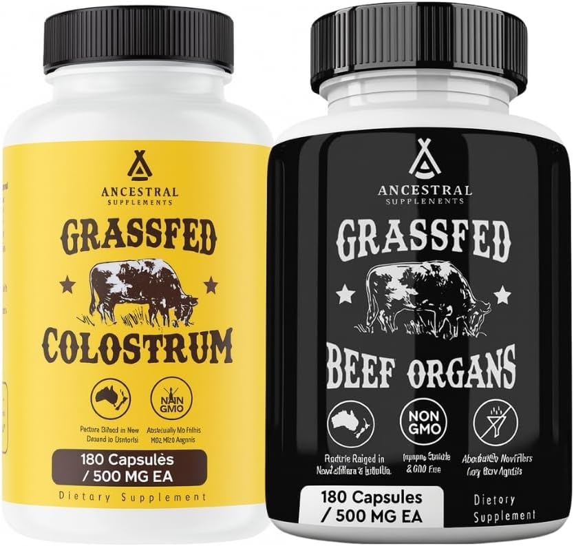 Ancestral Supplements Beef Organs & Colostrum Bundle – Supports Immunity, Energy, Digestion & Recovery – Grass Fed, Pasture Raised Multivitamin with Liver, Heart, Kidney, Pancreas, Spleen & Bioactive