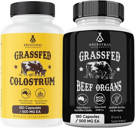 Ancestral Supplements Beef Organs & Colostrum Bundle – Supports Immunity, Energy, Digestion & Recovery – Grass Fed, Pasture Raised Multivitamin with Liver, Heart, Kidney, Pancreas, Spleen & Bioactive