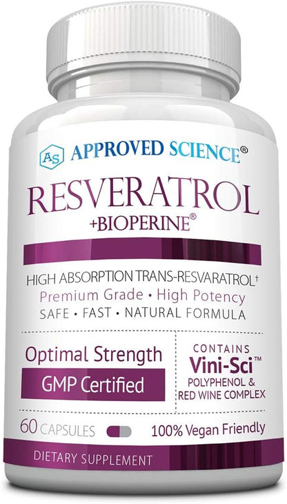 Approved Science® Resveratrol - 1000 mg of Trans Resveratrol - 250 mg of Polyphenol - 98% Purity Level - Includes Bioperine® - 60 Vegan Friendly Capsules - 1 Bottle