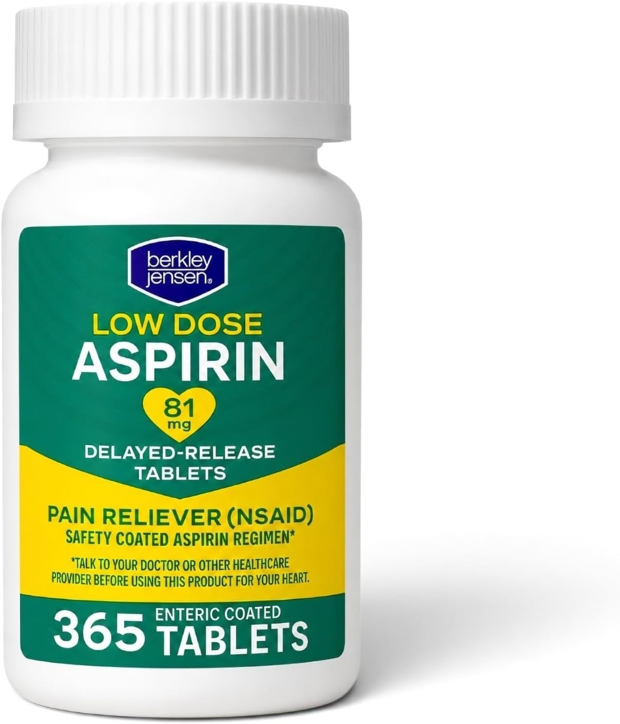 berkley jensen Aspirin 81mg Low Dose, Enteric Coated Tablets, NSAID Pain Reliever & Fever Reducer, for Minor Aches, Muscle Pain & Cramps. Safety Coated, Made in USA, 365 Count (Pack of 2)