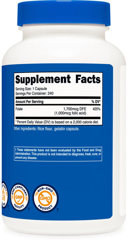 Nutricost Folic Acid (Vitamin B9) 1000 mcg, 240 Capsules