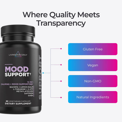 Livingood Daily Mood Support Supplement for Women & Men, 14-in-1 Formula with L Theanine, Lemon Balm, GABA, Saffron, 5-HTP & B12, Supports Focus & Emotional Wellness, Gluten Free, Vegan, 60 Capsules