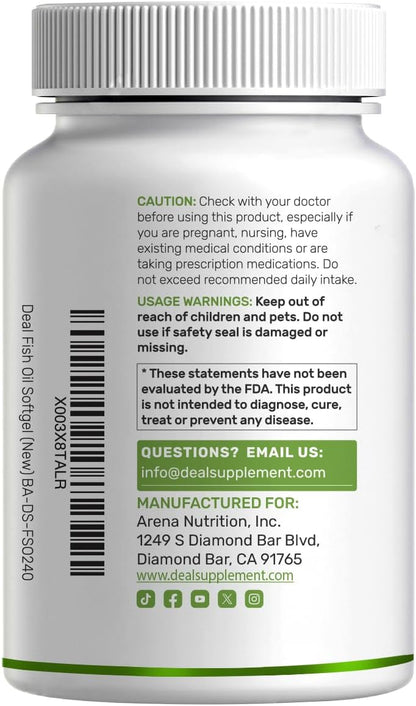 DEAL SUPPLEMENT Omega 3 Fish Oil Supplements, 3,000mg Per Serving, 240 Softgels – EPA 1,200mg + DHA 900mg – Burpless Pills, Lemon Flavored, Wild Caught – Brain & Heart Support – Mercury Free, Non-GMO