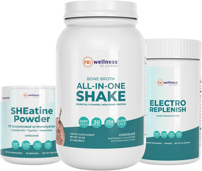 Reignite Wellness by JJ Virgin SHEatine Powder (Unflavored), ElectroReplenish, and Bone Broth All-in-One Shake (Chocolate)