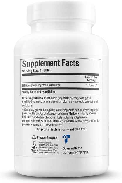 BIOTICS RESEARCH Li Zyme Forte Plant-sourced, phytochemically Bound Lithium, Supports Brain Function, Memory and Mood Support,100 Tablets