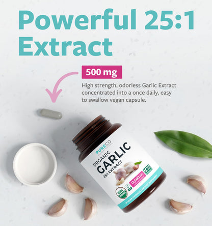 PURE CO USDA Organic Garlic Supplement - High Potency 25:1 Garlic Extract with 12,500mg Herbal Equivalent Strength for Immune & Heart Support - Odorless Vegan & Non-GMO (4 Month Supply)