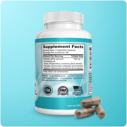 Triphala Extract Capsules 750mg - Digestive Support, Gut Health and Colon Function - Ayurvedic Herbal Supplement with Amla, Harad and Bahera - Vegan, Non-GMO, Made in USA - 60 Capsules