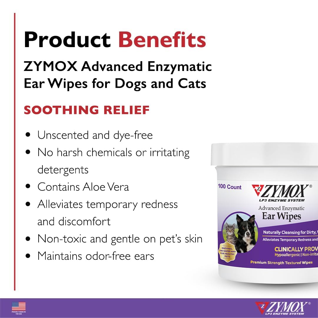 Zymox Advanced Enzymatic Ear Wipes for Dogs and Cats - for Dirty, Waxy, Smelly Ears - Premium Strength Ear Cleaner Wipes - Non-Irritating - Hypoallergenic - 100 ct