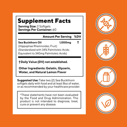 Omega 7 Sea Buckthorn Berry Oil 1000mg for Hair, Skin, Nails, Heart Health Support - 34% Palmitoleic Acid & Natural Omega 3 6 9 Fatty Acids Supplement - 120 Capsules, Non-GMO, Gluten-Free