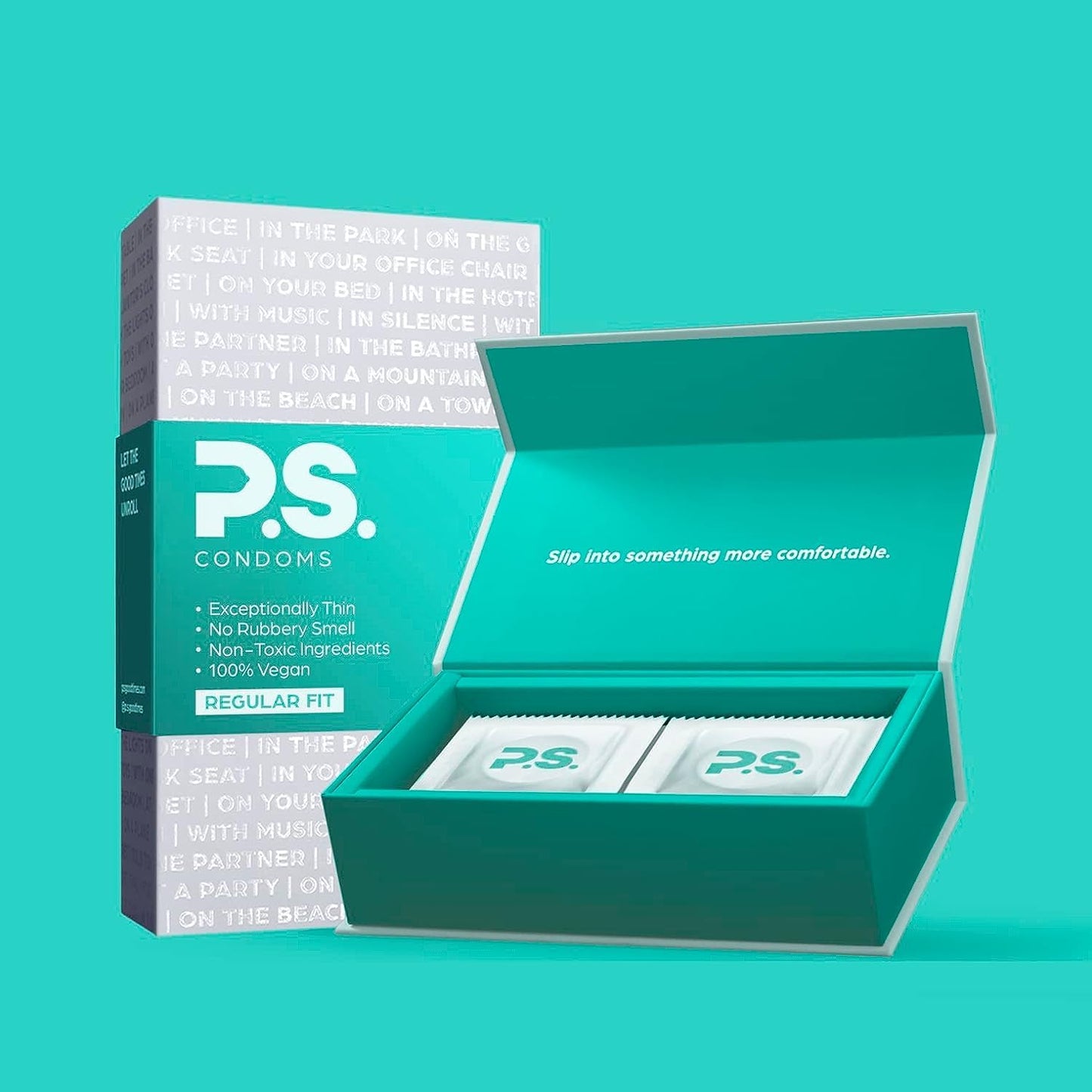 PS Condoms Exceptionally Thin Latex Condoms, Clean & Odorless, 12 Pack | Individually tested, 0.045 mm natural rubber, 40% thinner, lubricated, vegan, and free of PFAS, gluten, glycerin and parabens