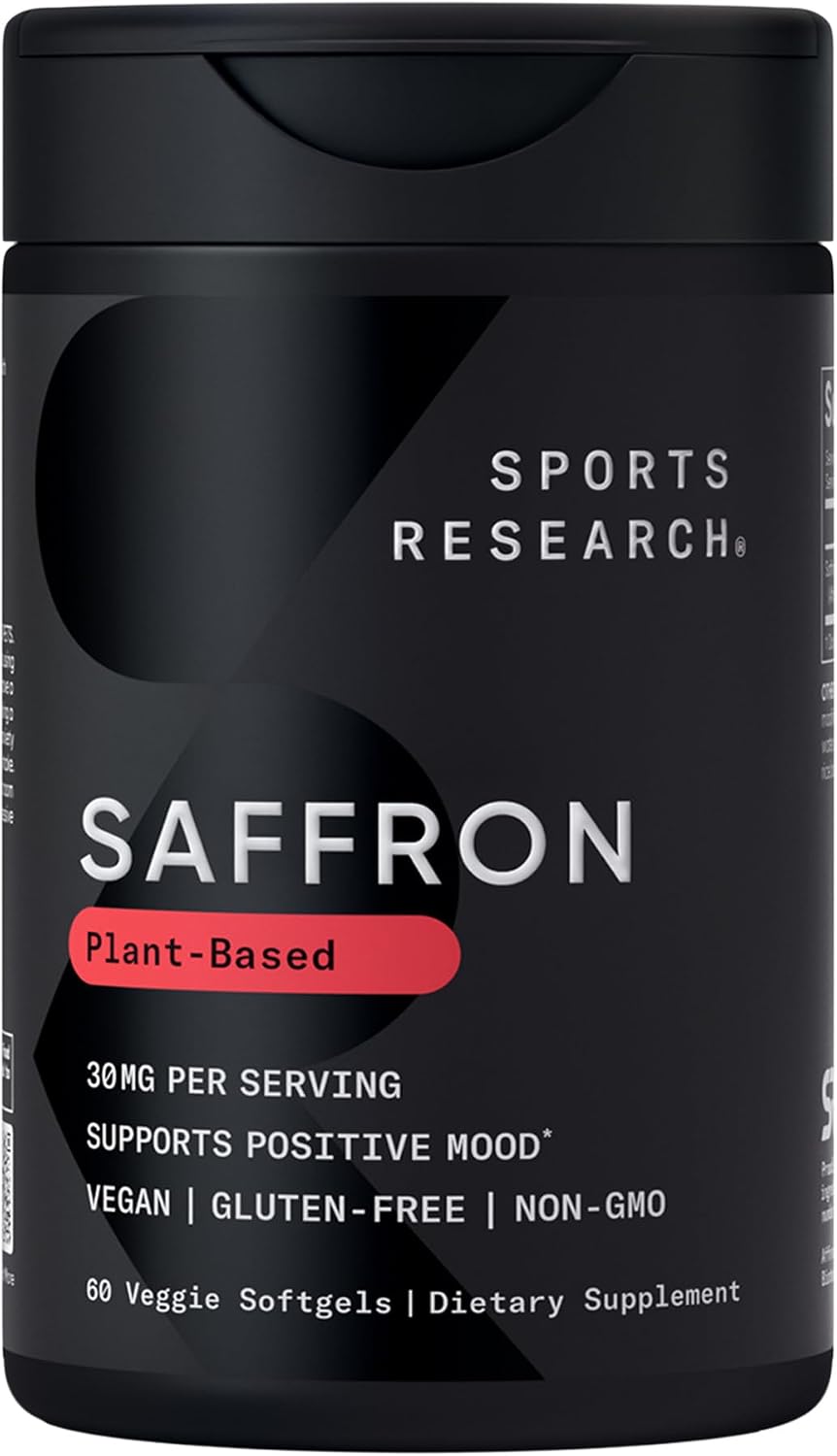 Sports Research® Pure Saffron Supplement, 30 mg - Mood & Stress Support - Made w/Affron® Saffron Extract - Vegan Certified · Non-GMO · Gluten Free – 60 Veggie Softgels