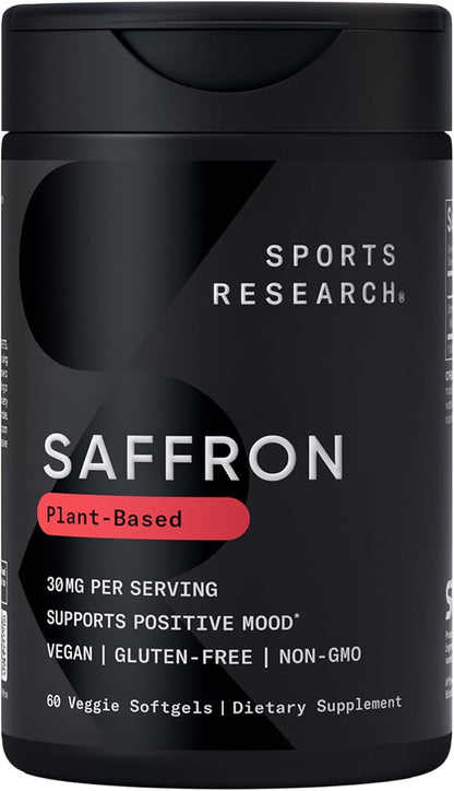 Sports Research® Pure Saffron Supplement, 30 mg - Mood & Stress Support - Made w/Affron® Saffron Extract - Vegan Certified · Non-GMO · Gluten Free – 60 Veggie Softgels