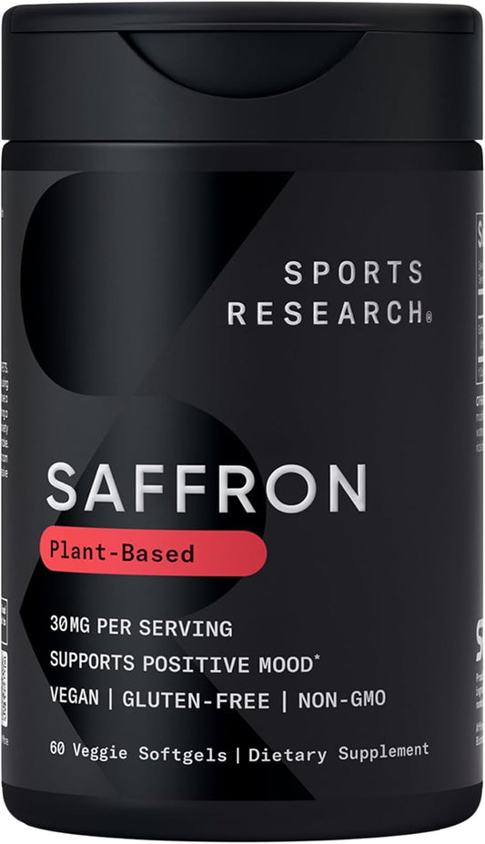 Sports Research® Pure Saffron Supplement, 30 mg - Mood & Stress Support - Made w/Affron® Saffron Extract - Vegan Certified · Non-GMO · Gluten Free – 60 Veggie Softgels